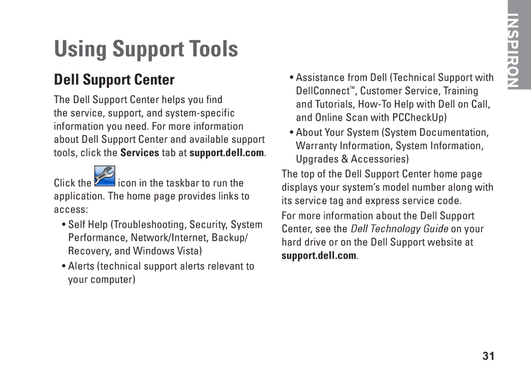 Dell PP25L, N073F setup guide Using Support Tools, Dell Support Center 