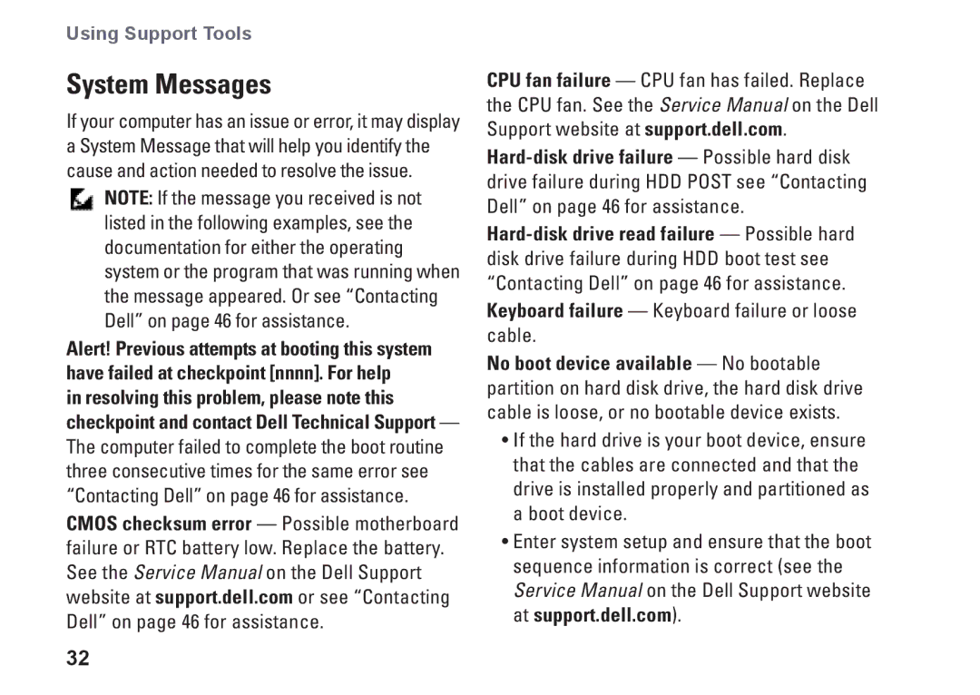 Dell N073F, PP25L setup guide System Messages, Keyboard failure Keyboard failure or loose cable 