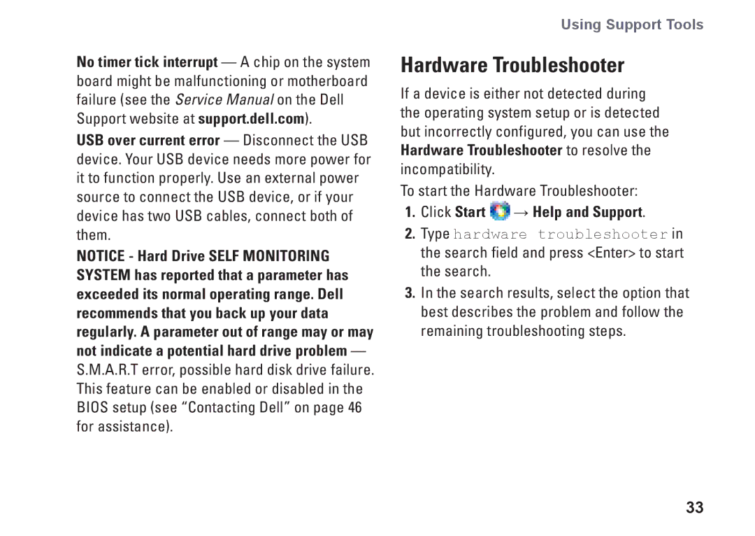 Dell PP25L, N073F setup guide Hardware Troubleshooter, Click Start → Help and Support 