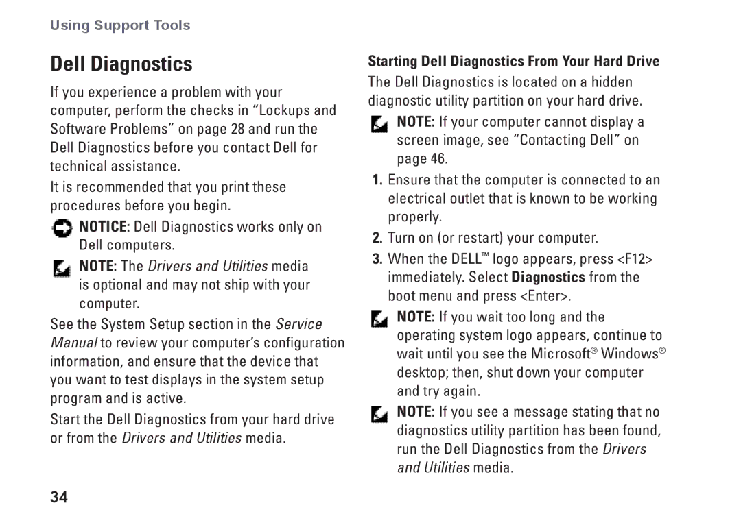 Dell N073F, PP25L setup guide Starting Dell Diagnostics From Your Hard Drive 