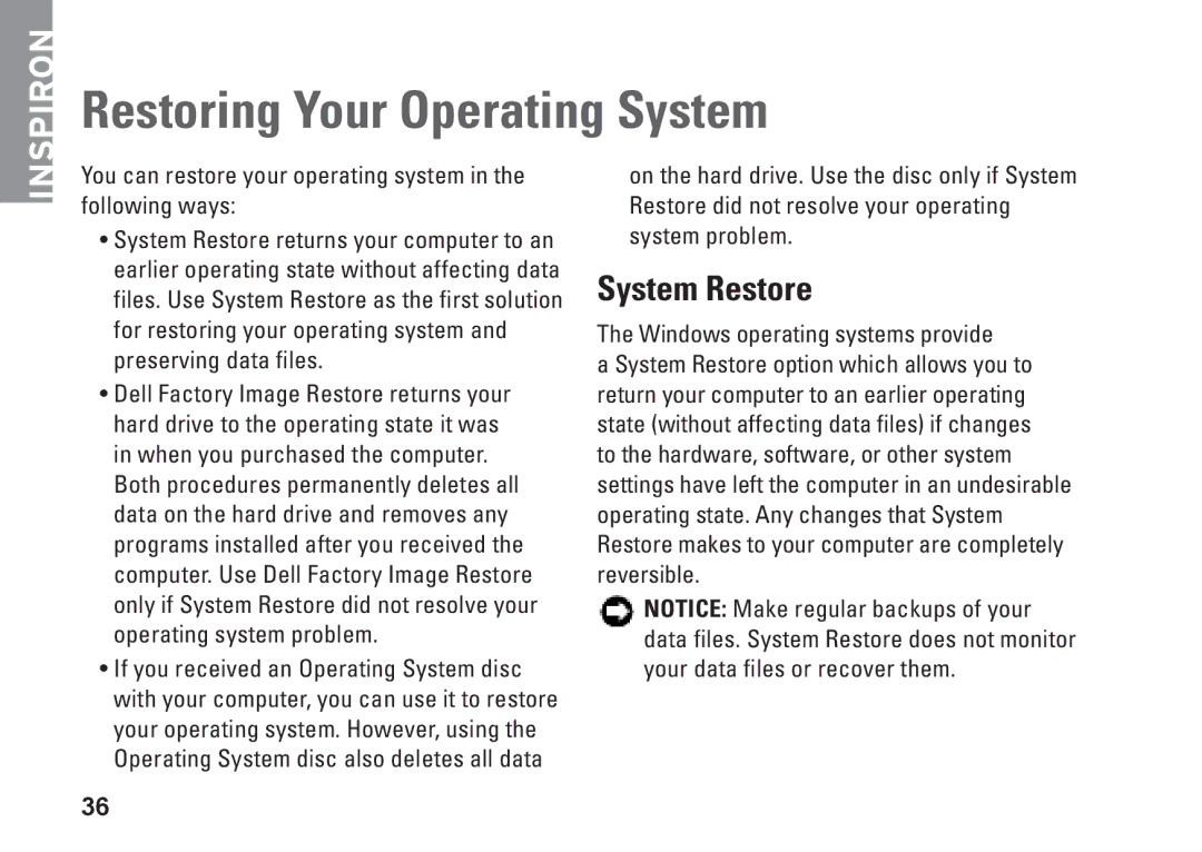 Dell N073F, PP25L setup guide Restoring Your Operating System, System Restore 