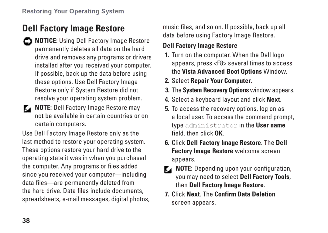 Dell N073F, PP25L setup guide Dell Factory Image Restore 