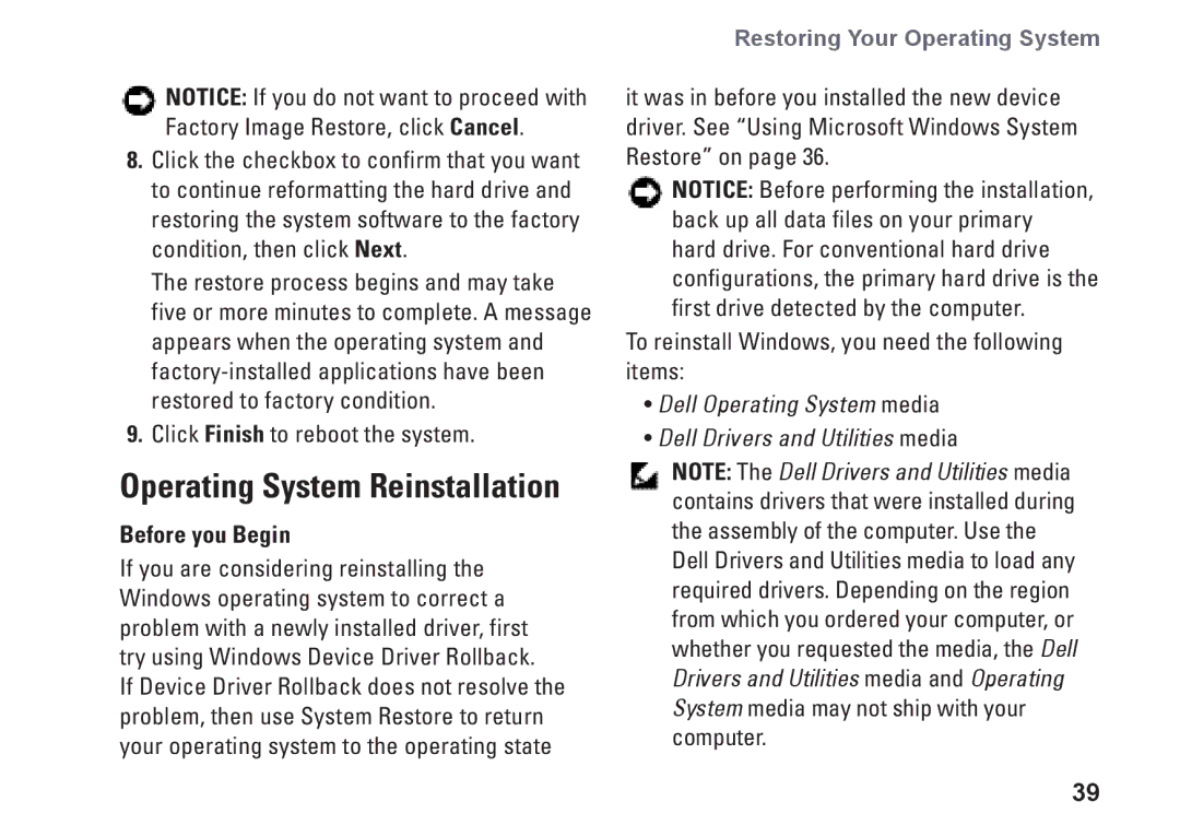 Dell PP25L, N073F setup guide Operating System Reinstallation, Before you Begin 