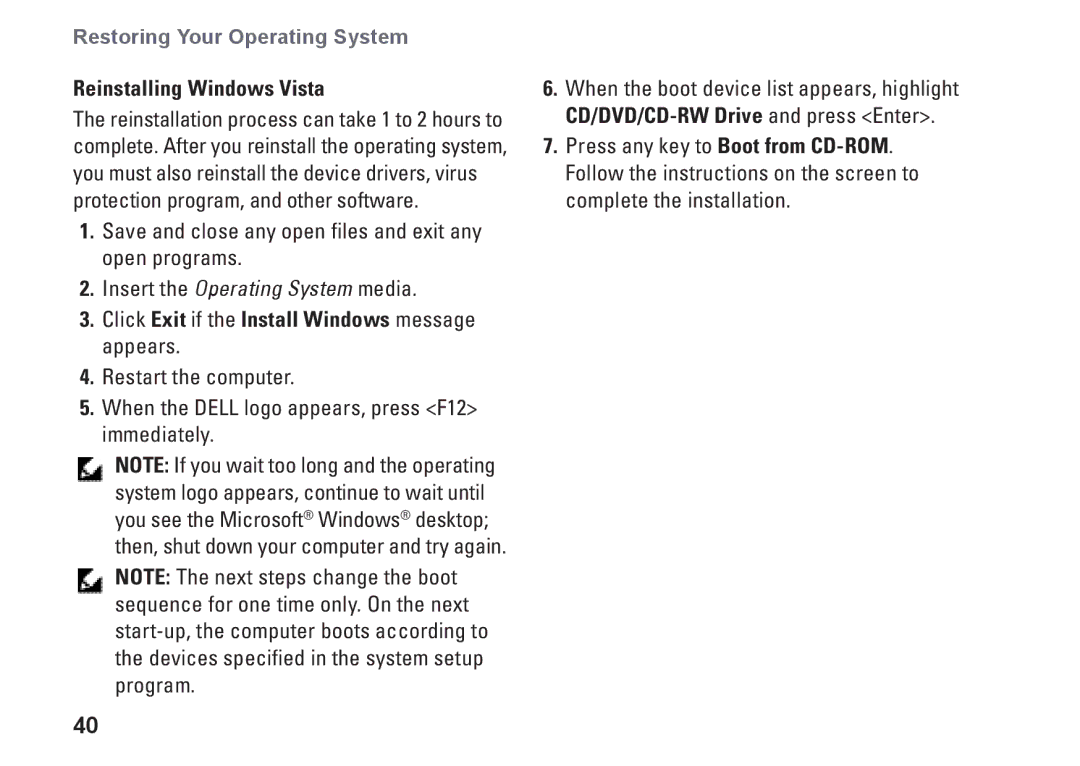 Dell N073F, PP25L setup guide Reinstalling Windows Vista, Click Exit if the Install Windows message appears 