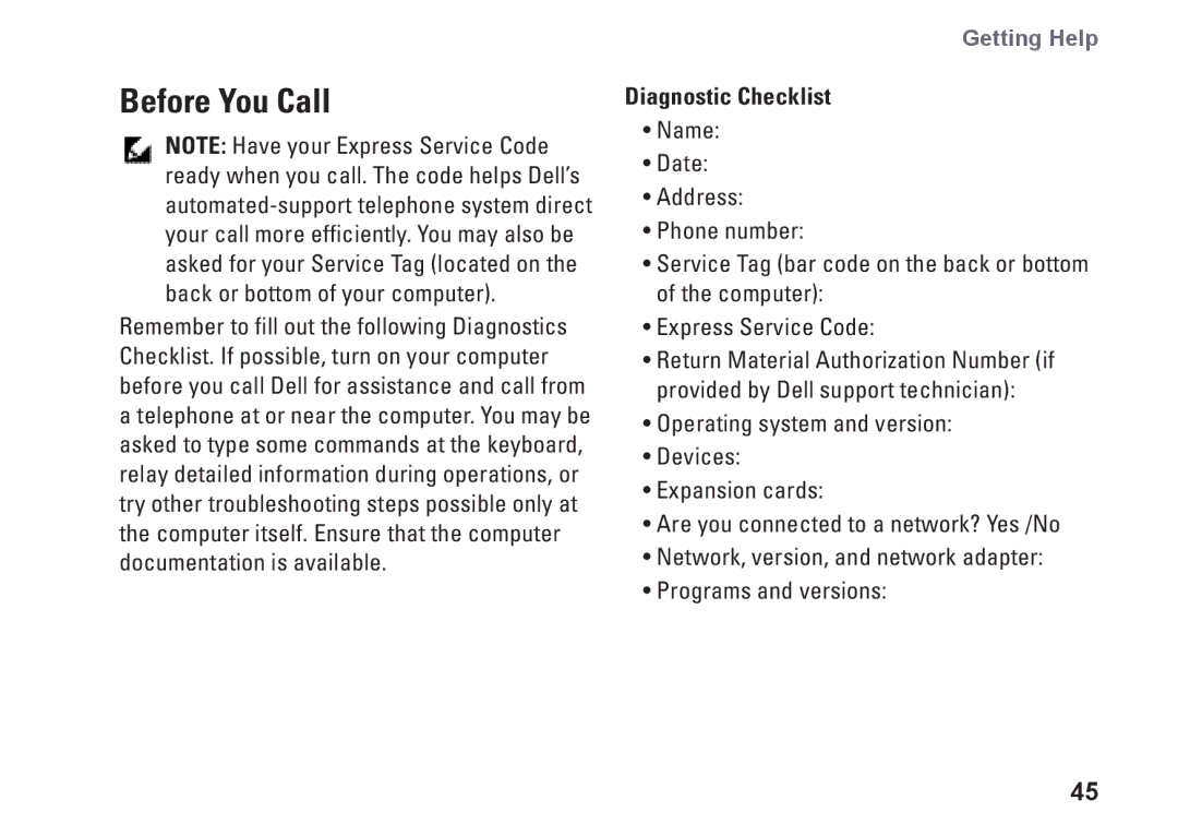 Dell PP25L, N073F setup guide Before You Call, Diagnostic Checklist 