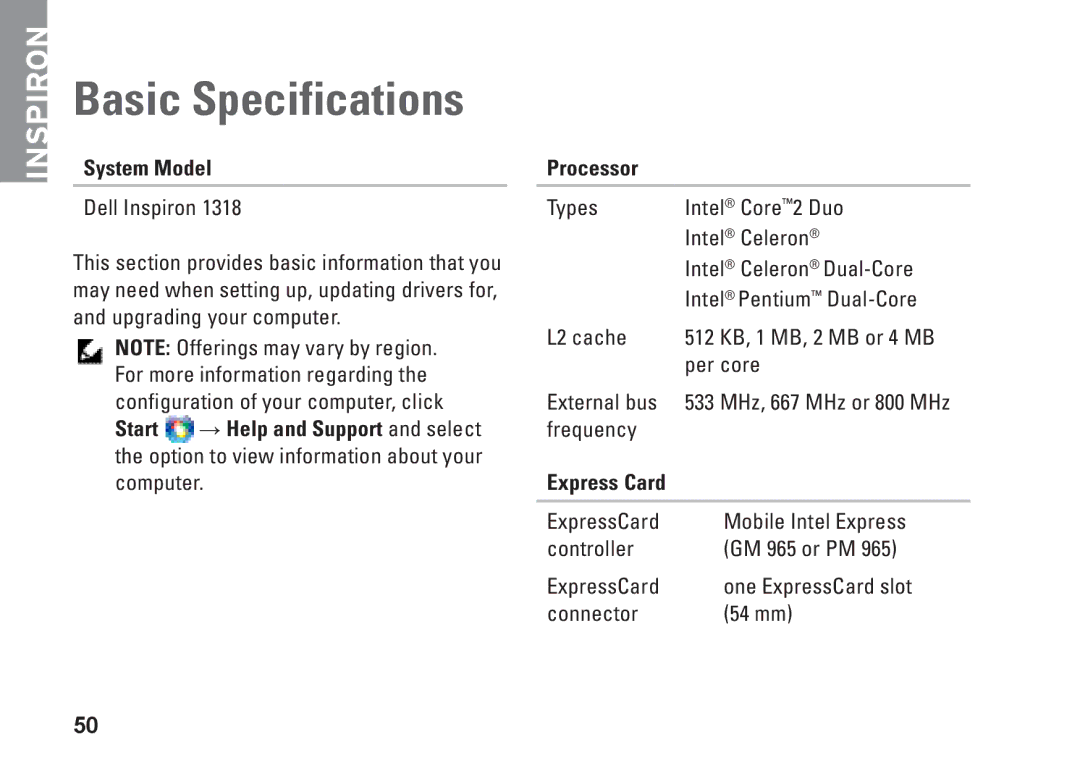 Dell N073F, PP25L setup guide Basic Specifications, System Model, Processor 