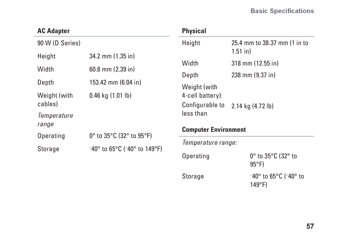 Dell PP25L, N073F setup guide Physical, Computer Environment 