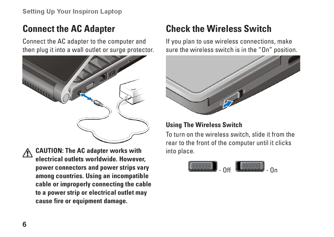 Dell N073F, PP25L setup guide Connect the AC Adapter, Check the Wireless Switch, Using The Wireless Switch 