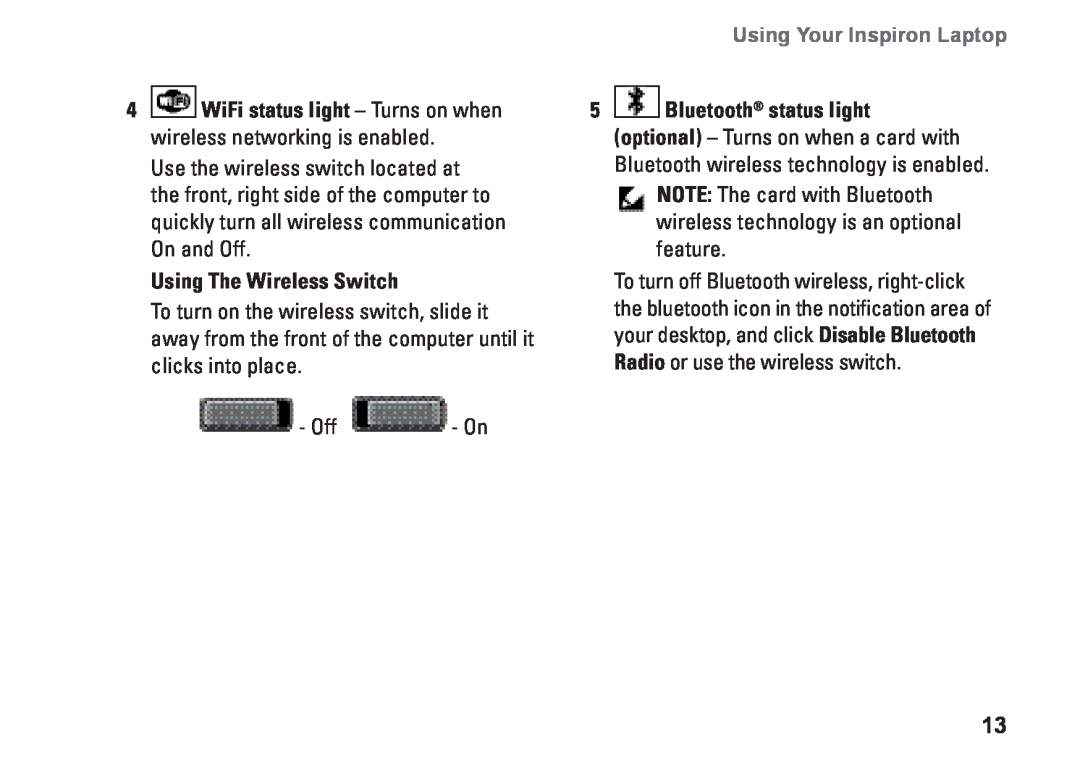 Dell PP25L, N073F setup guide WiFi status light - Turns on when, Bluetooth status light, wireless networking is enabled 