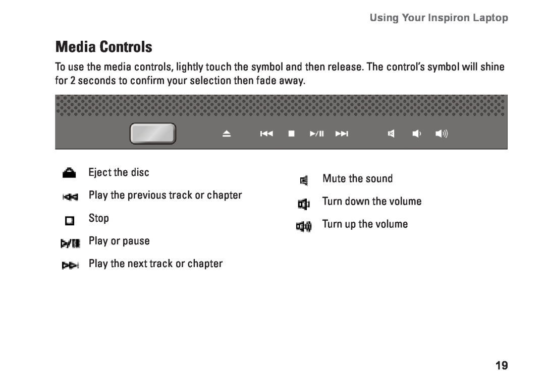 Dell PP25L Media Controls, Using Your Inspiron Laptop, Eject the disc, Mute the sound, Play the previous track or chapter 