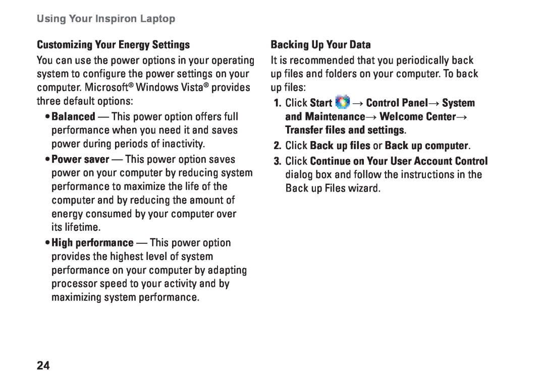 Dell N073F, PP25L Customizing Your Energy Settings, Backing Up Your Data, Click Back up files or Back up computer 