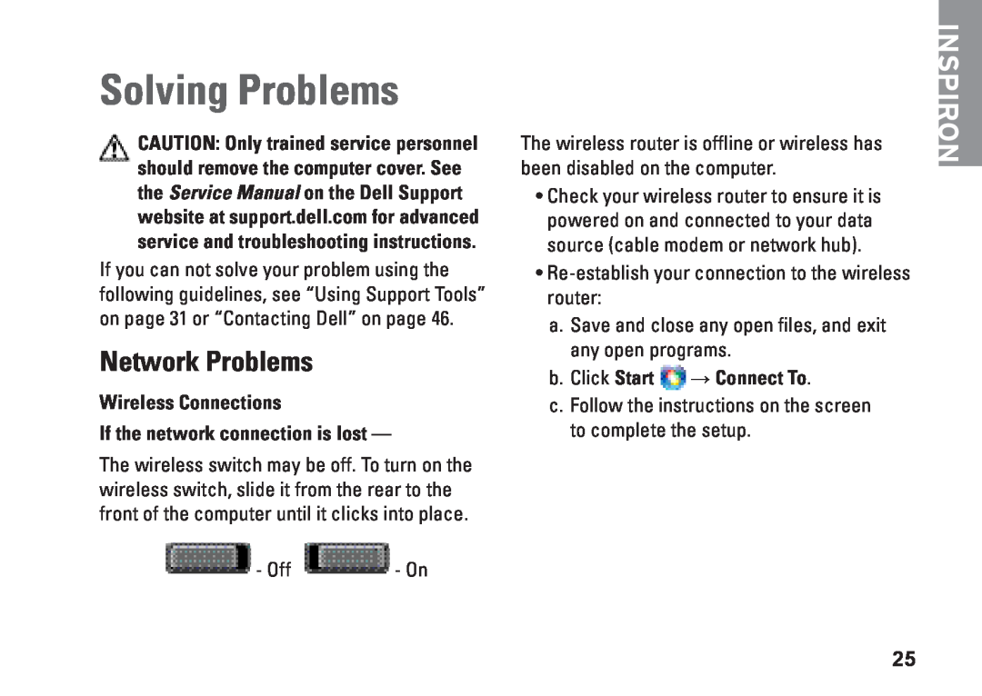 Dell PP25L, N073F Solving Problems, Network Problems, Wireless Connections If the network connection is lost, Inspiron 