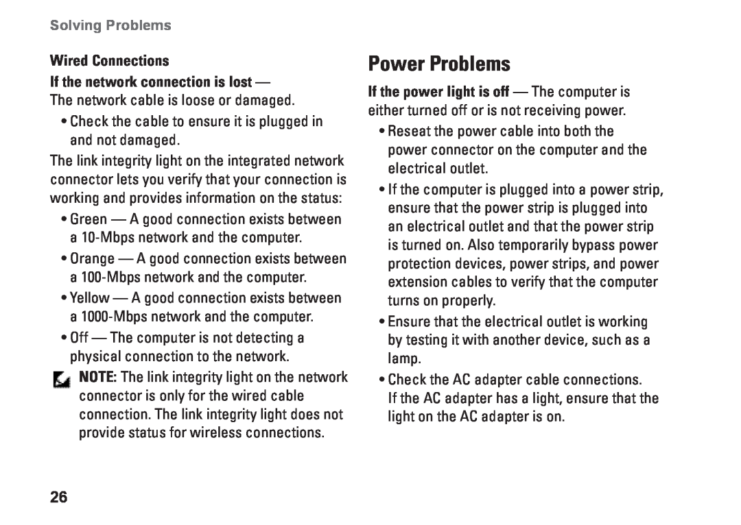 Dell N073F, PP25L setup guide Power Problems, Solving Problems, Wired Connections 
