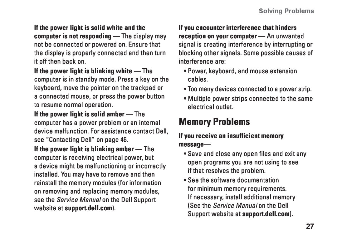 Dell PP25L, N073F setup guide Memory Problems, If you receive an insufficient memory message, Solving Problems 