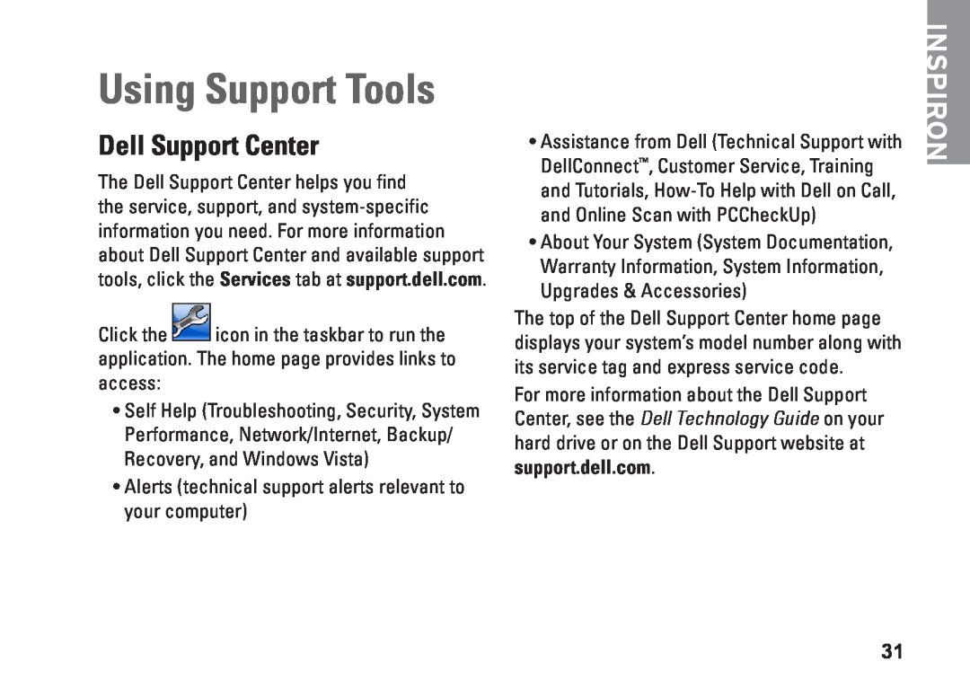 Dell PP25L, N073F setup guide Using Support Tools, Dell Support Center, Inspiron 
