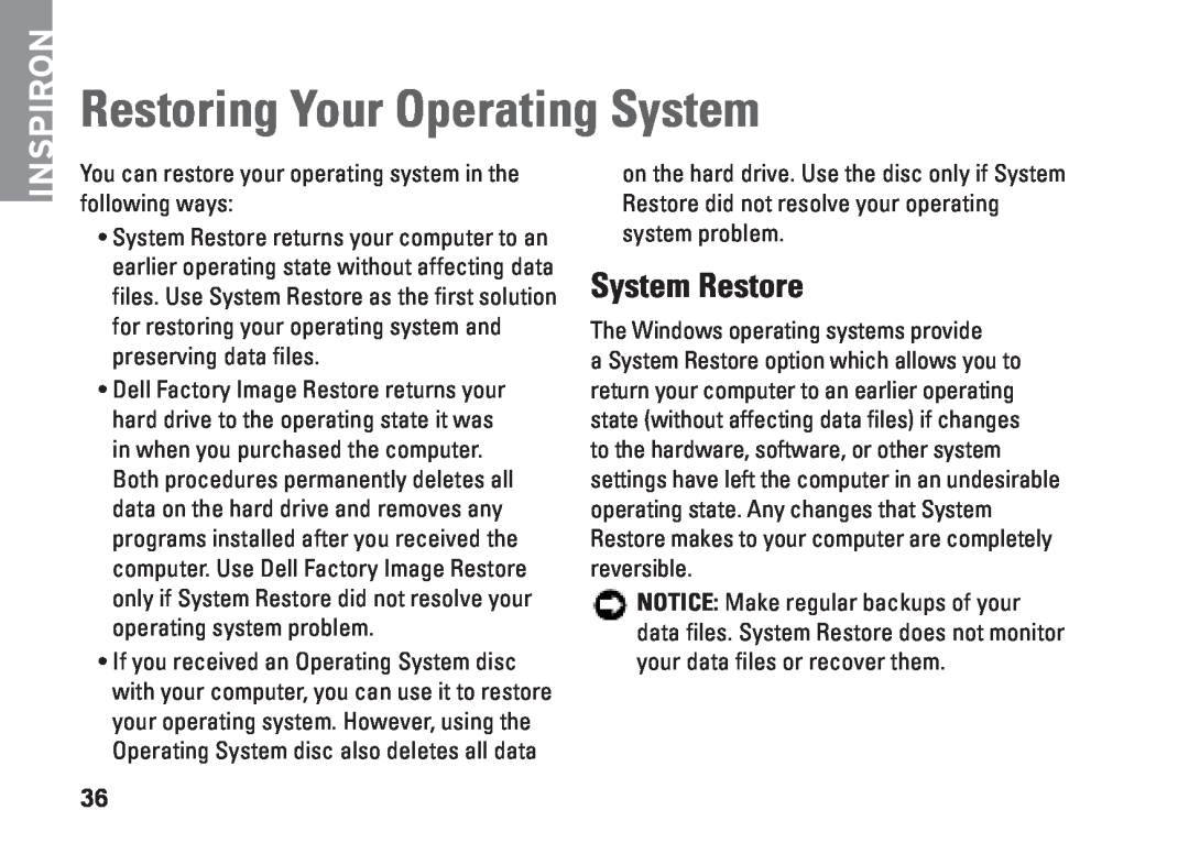 Dell N073F, PP25L setup guide Restoring Your Operating System, System Restore, Inspiron 