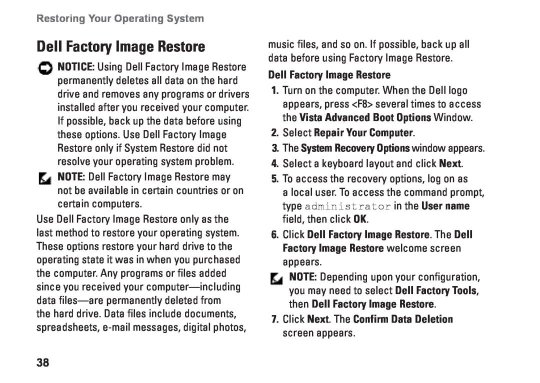 Dell N073F, PP25L Dell Factory Image Restore, Select Repair Your Computer, The System Recovery Options window appears 