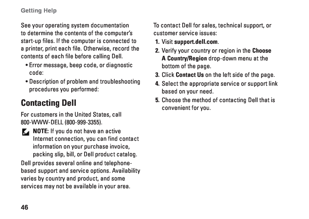 Dell N073F, PP25L setup guide Contacting Dell, Visit support.dell.com, Getting Help 