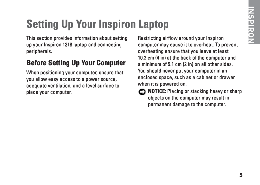 Dell PP25L, N073F setup guide Setting Up Your Inspiron Laptop, Before Setting Up Your Computer 