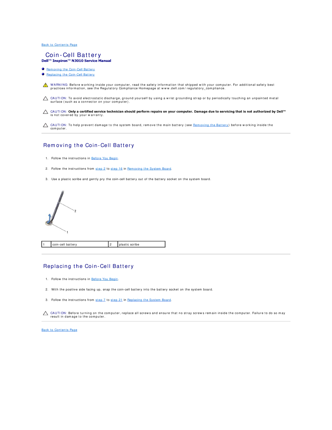 Dell N3010 manual Removing the Coin-Cell Battery, Replacing the Coin-Cell Battery 