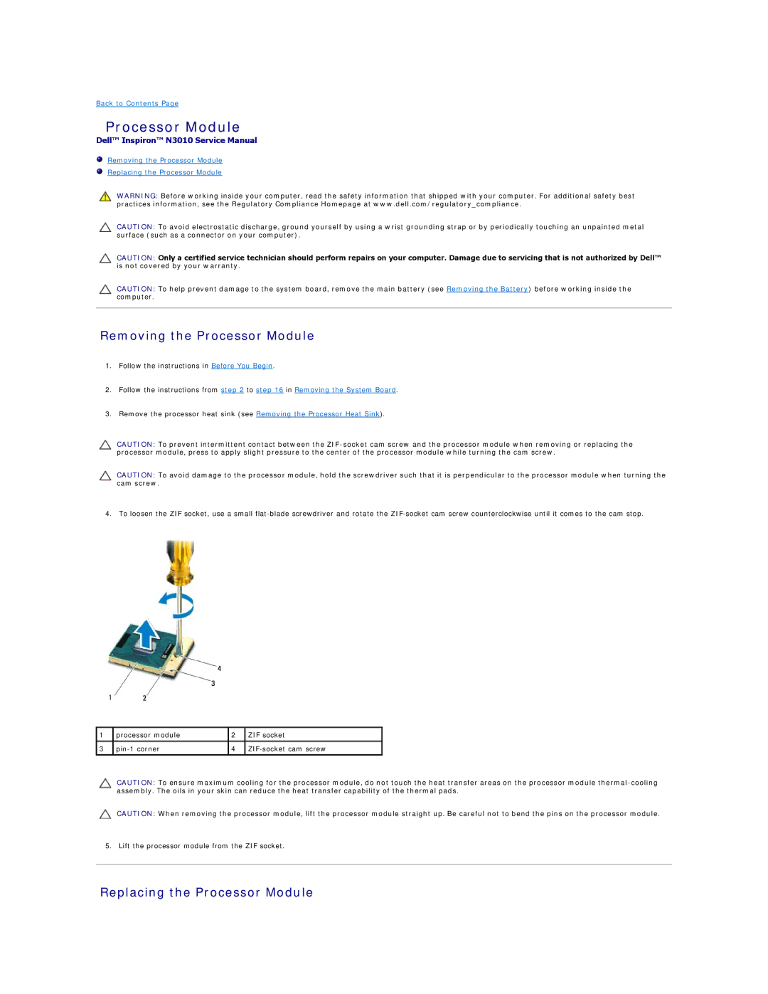 Dell N3010 manual Removing the Processor Module, Replacing the Processor Module 