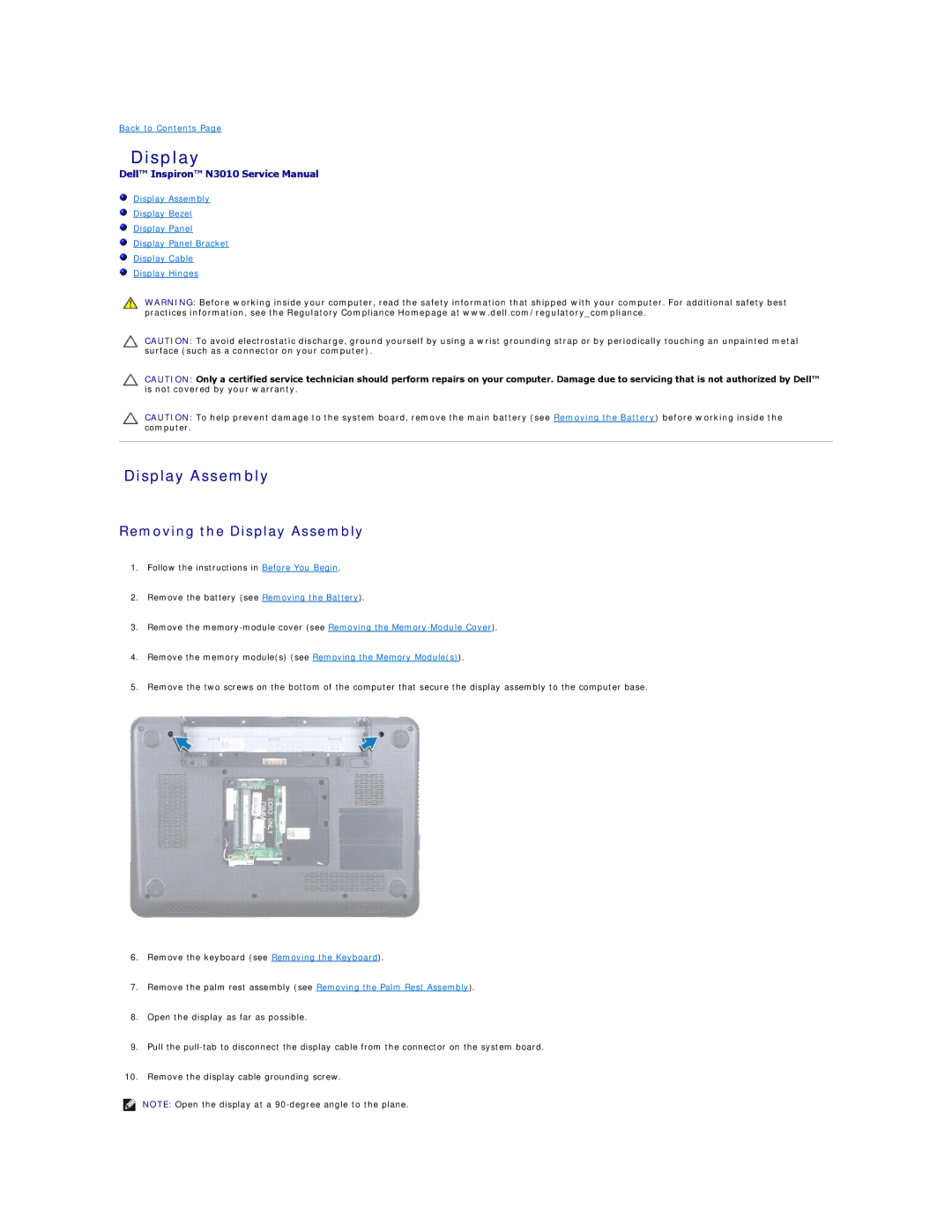 Dell N3010 manual Removing the Display Assembly 