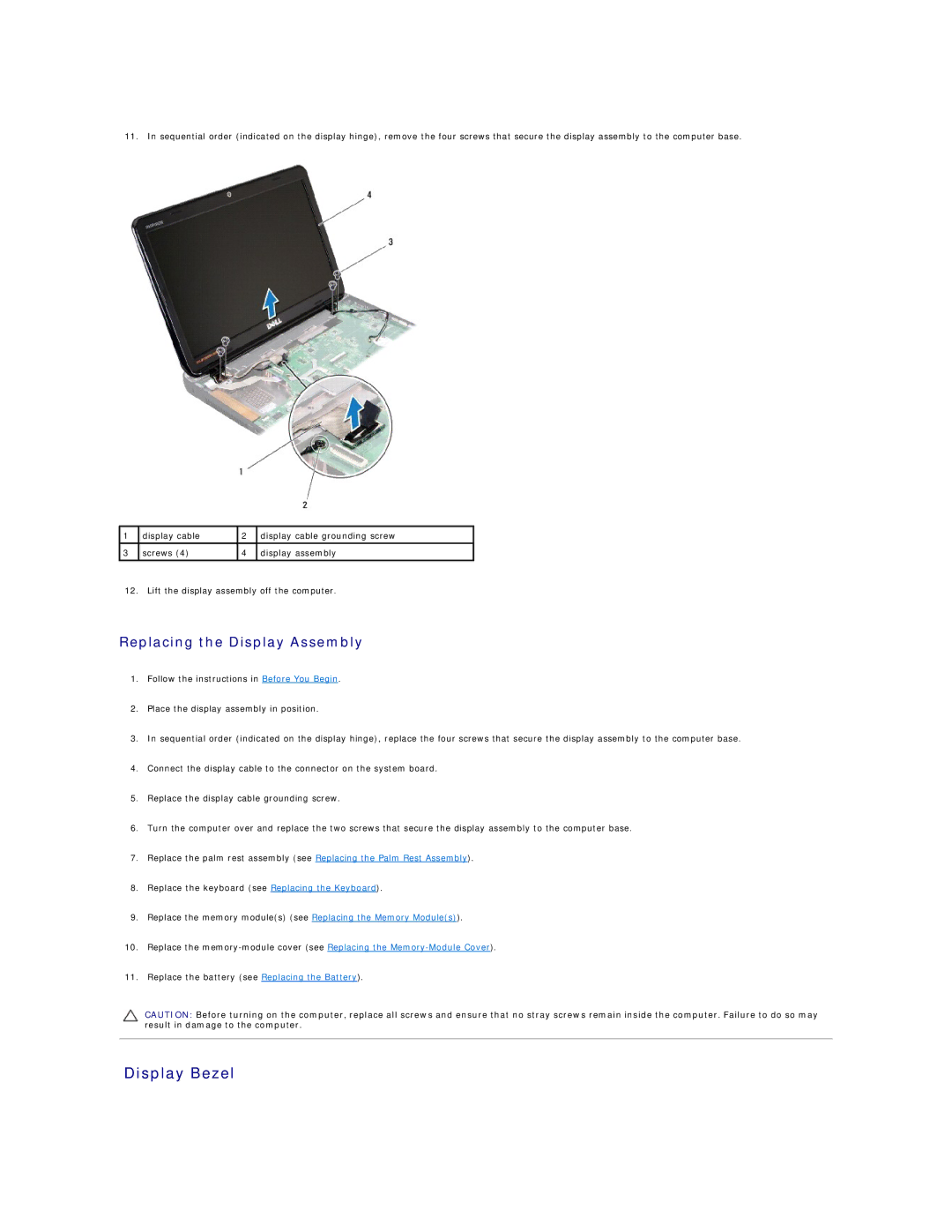 Dell N3010 manual Display Bezel, Replacing the Display Assembly 