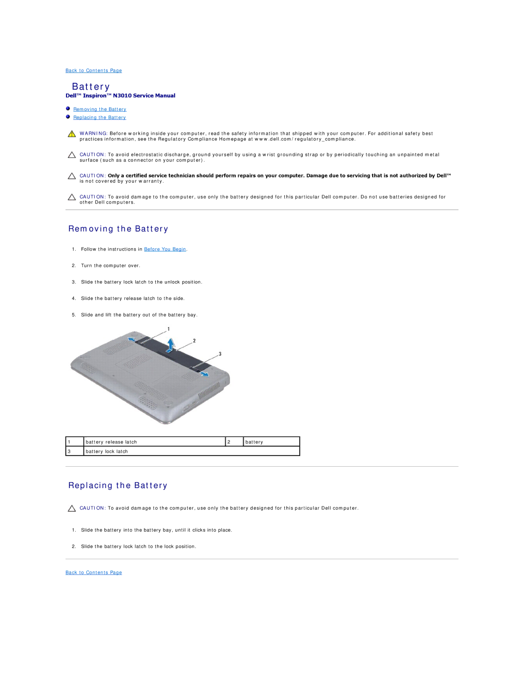 Dell N3010 manual Removing the Battery, Replacing the Battery 