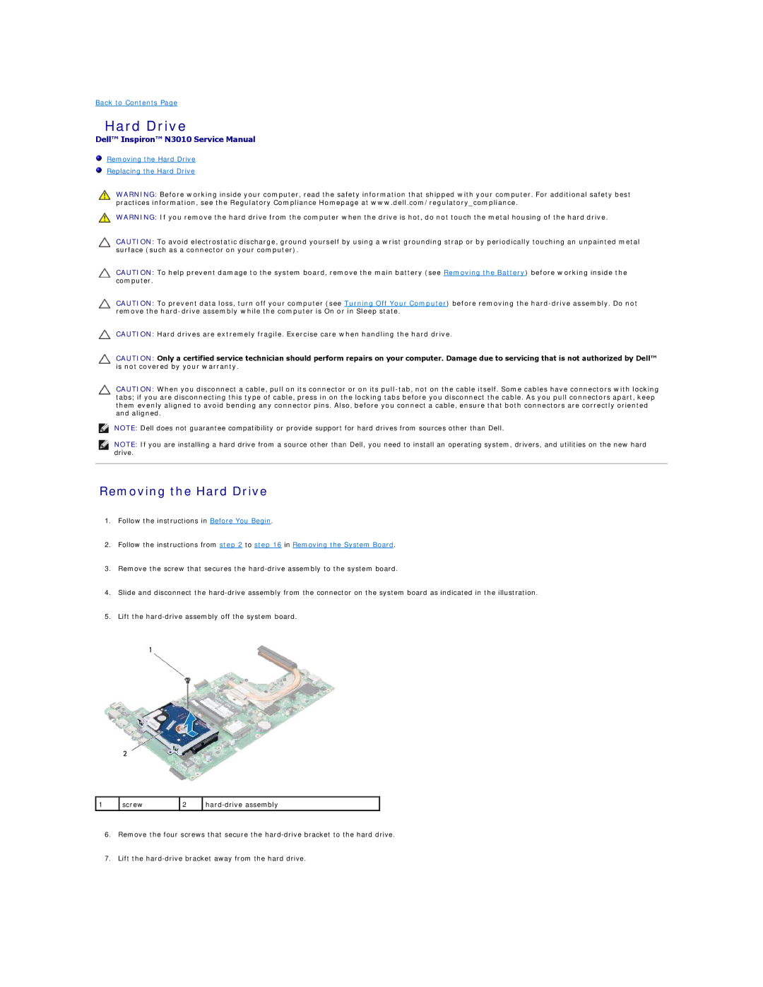 Dell N3010 manual Removing the Hard Drive 