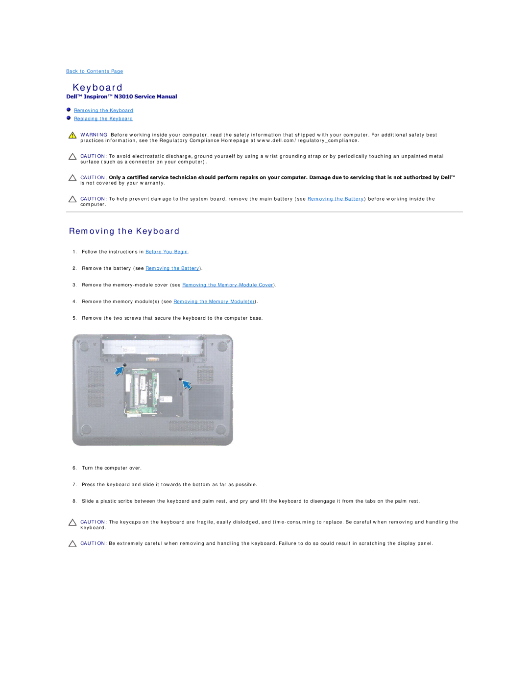 Dell N3010 manual Removing the Keyboard 