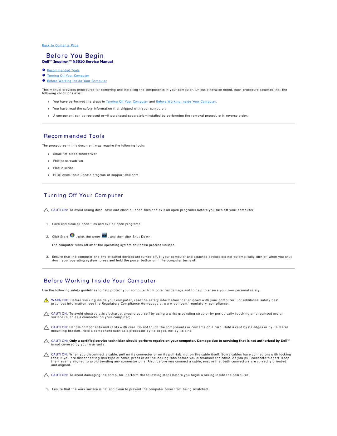 Dell N3010 manual Before You Begin, Recommended Tools, Turning Off Your Computer, Before Working Inside Your Computer 
