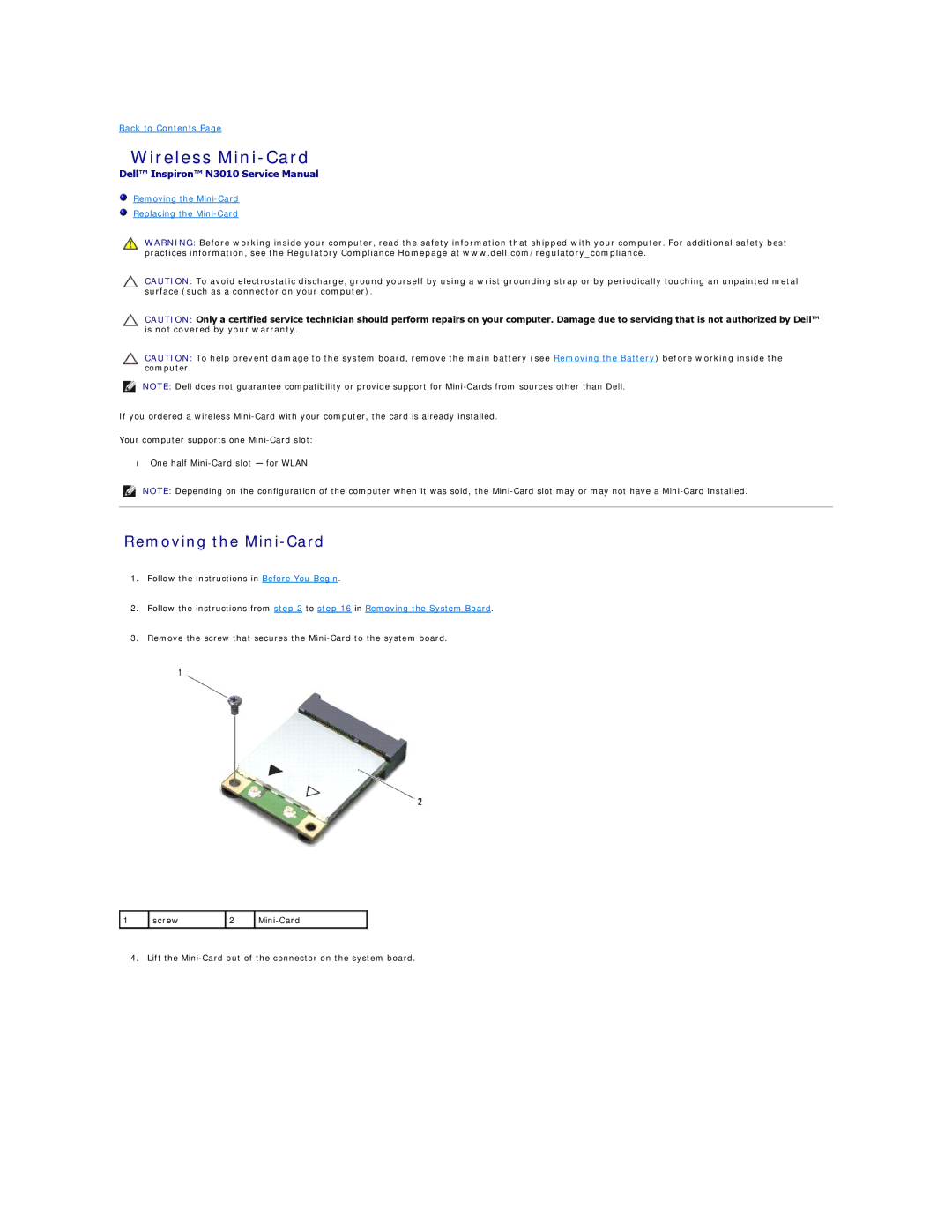 Dell N3010 manual Wireless Mini-Card, Removing the Mini-Card 