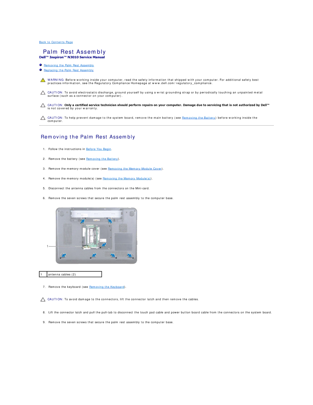 Dell N3010 manual Removing the Palm Rest Assembly 
