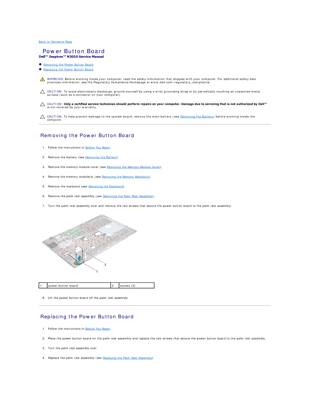 Dell N3010 manual Removing the Power Button Board, Replacing the Power Button Board 