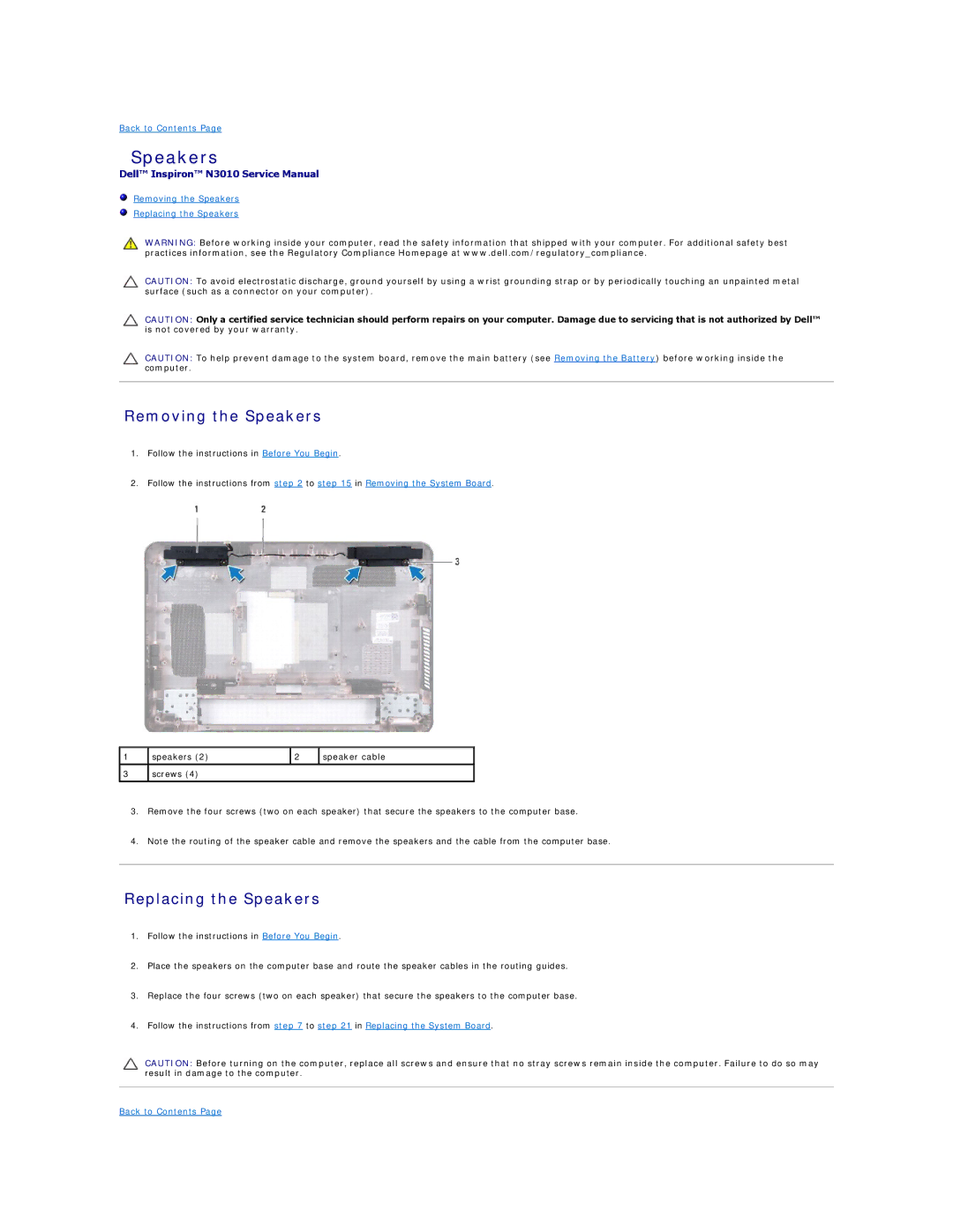 Dell N3010 manual Removing the Speakers, Replacing the Speakers 