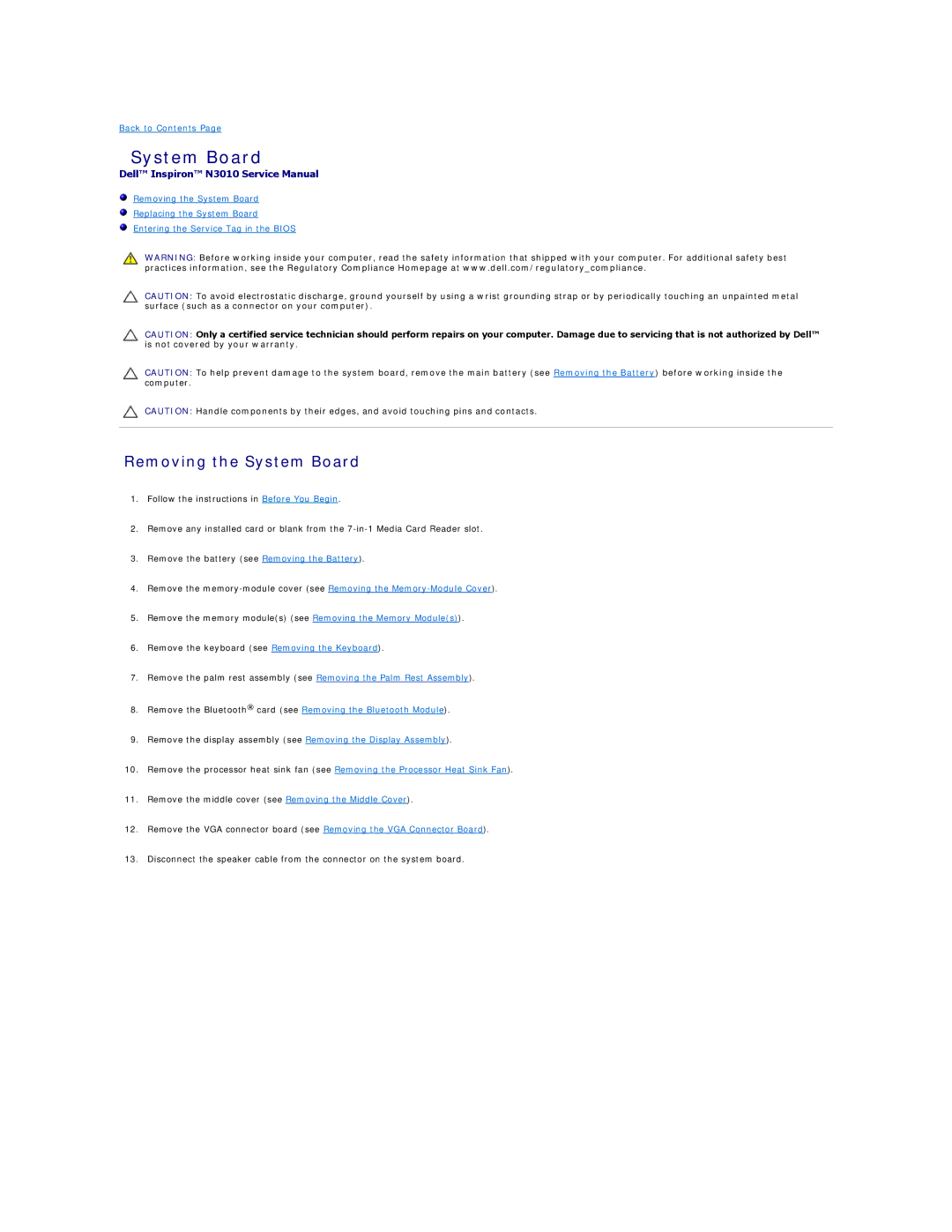 Dell N3010 manual Removing the System Board 