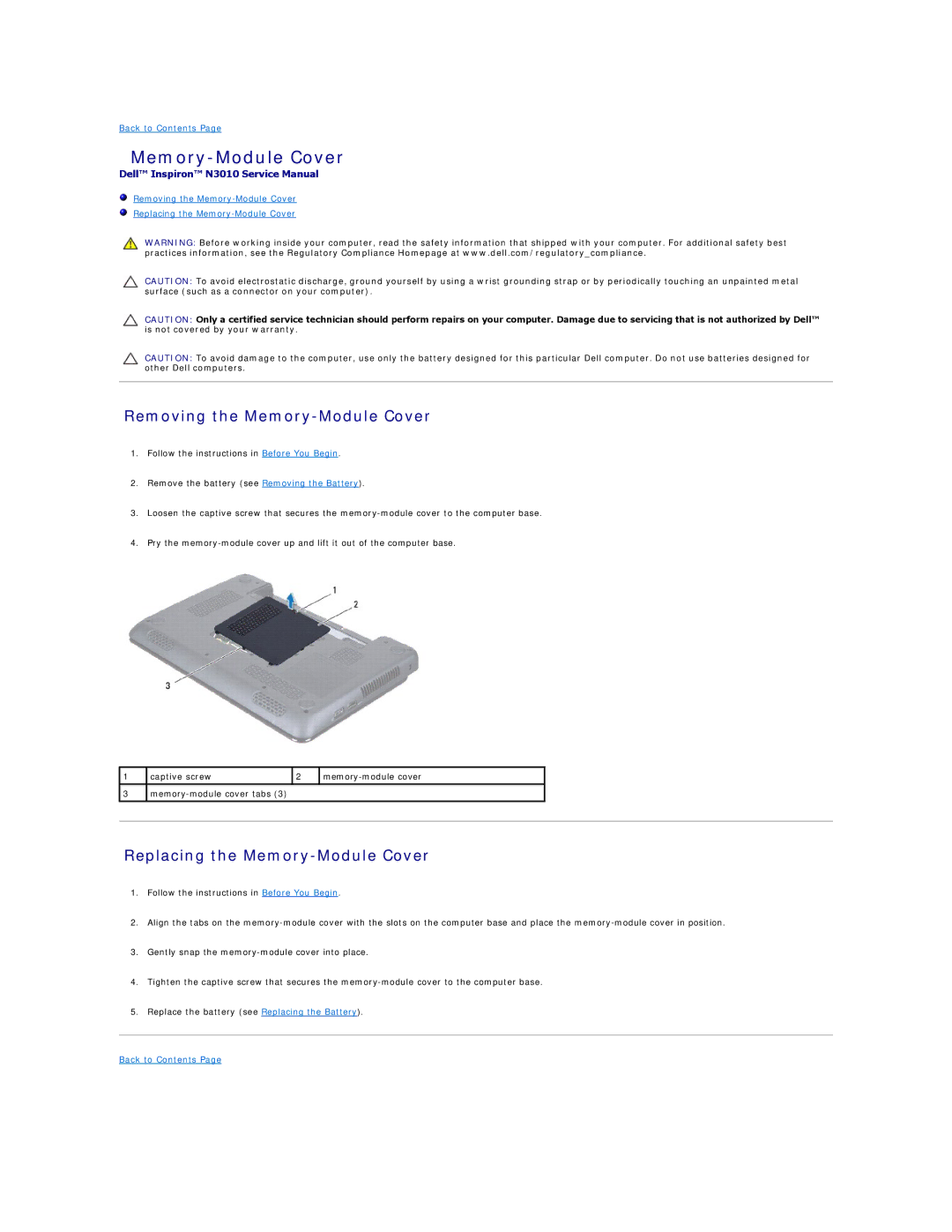 Dell N3010 manual Removing the Memory-Module Cover, Replacing the Memory-Module Cover 