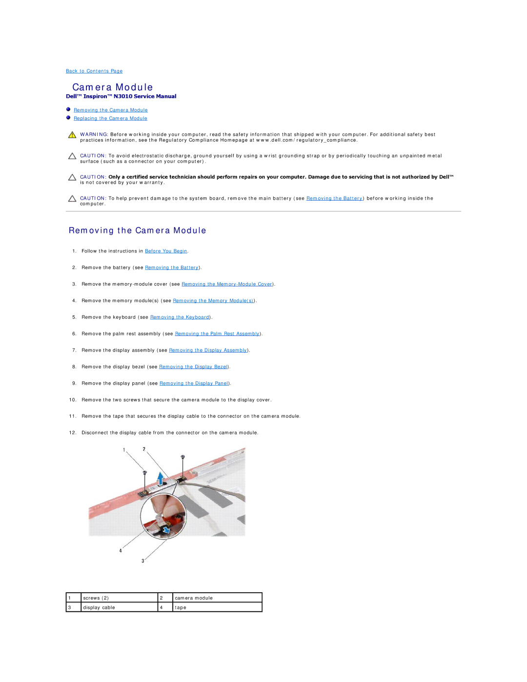 Dell N3010 manual Removing the Camera Module 