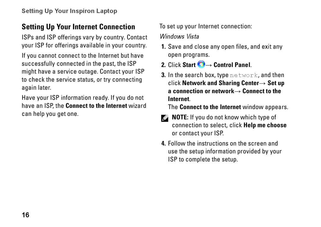 Dell P07G003, N4020, N4030, P1M49, P07G001 Setting Up Your Internet Connection, Connect to the Internet window appears 