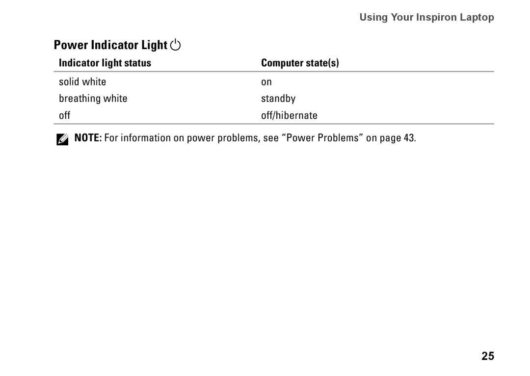 Dell P1M49, N4020, N4030, P07G003, P07G001 setup guide Power Indicator Light, Indicator light status Computer states 