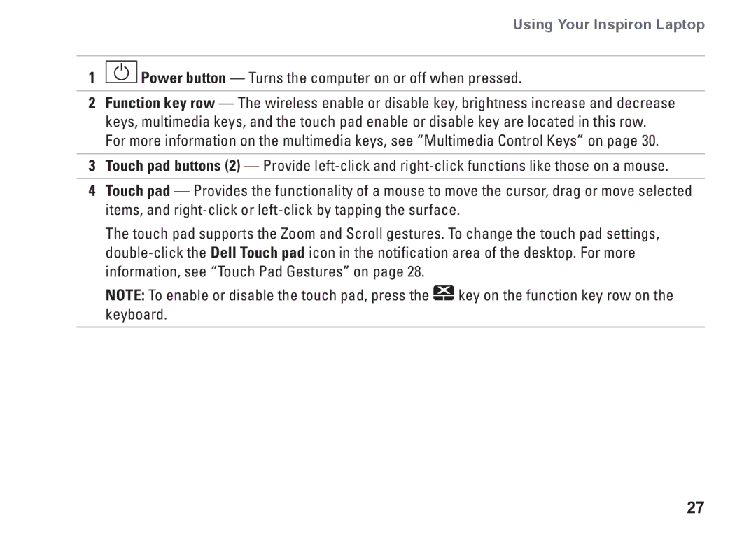 Dell P07G001, N4020, N4030, P1M49, P07G003 setup guide Power button Turns the computer on or off when pressed 