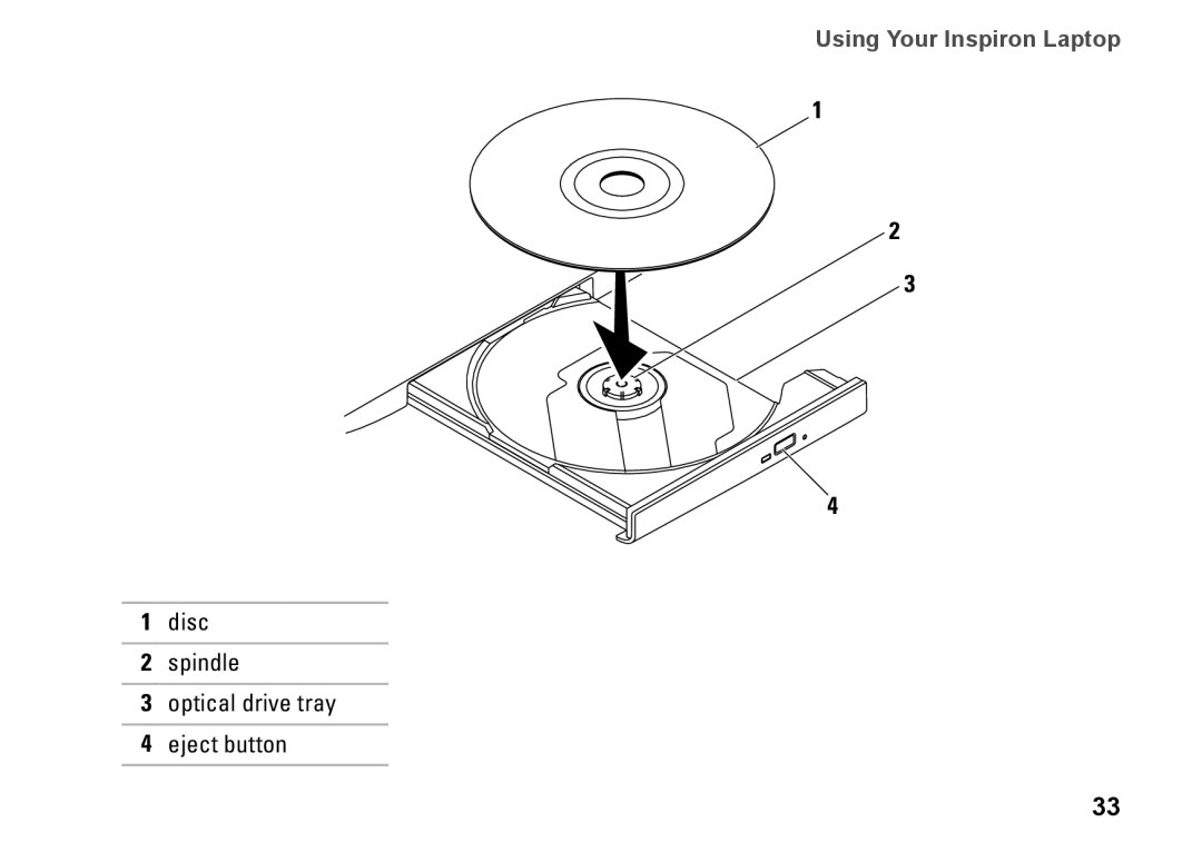 Dell N4020, N4030, P1M49, P07G003, P07G001 setup guide Disc Spindle Optical drive tray Eject button 