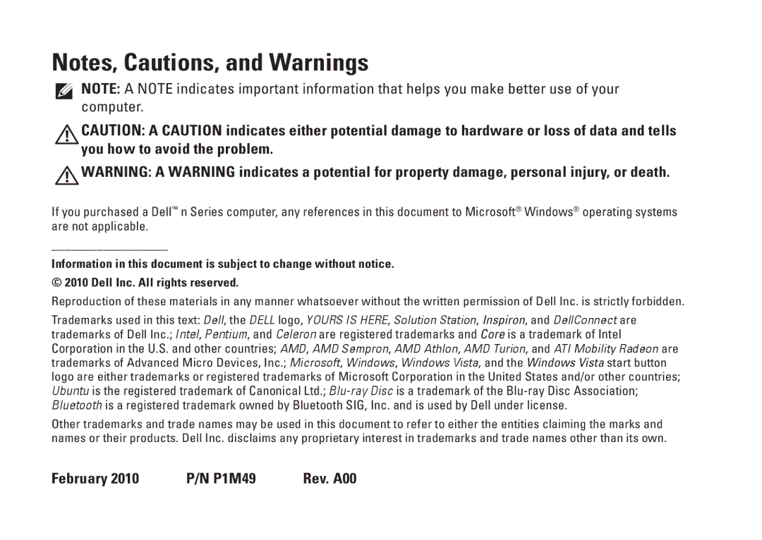 Dell P07G001, N4020, N4030, P07G003 setup guide February 2010 P/N P1M49 Rev. A00 