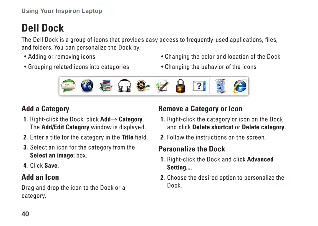 Dell P1M49, N4020, N4030, P07G003 Dell Dock, Add a Category, Add an Icon, Remove a Category or Icon, Personalize the Dock 