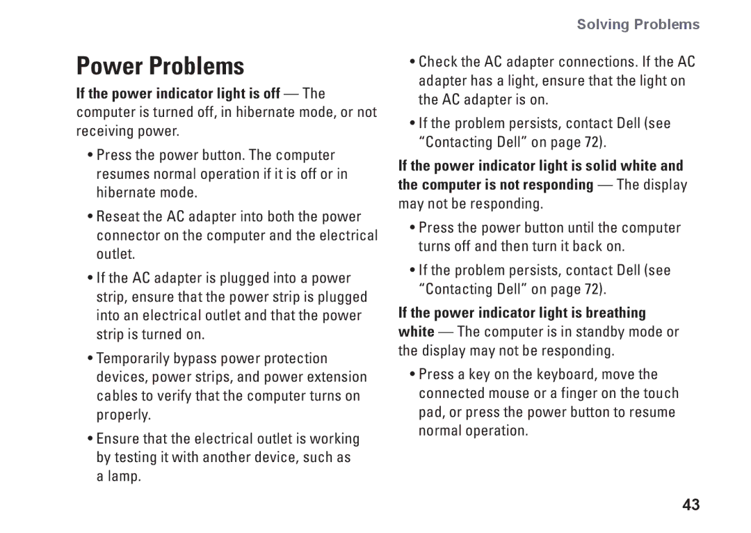 Dell N4020, N4030, P1M49, P07G003, P07G001 setup guide Power Problems 