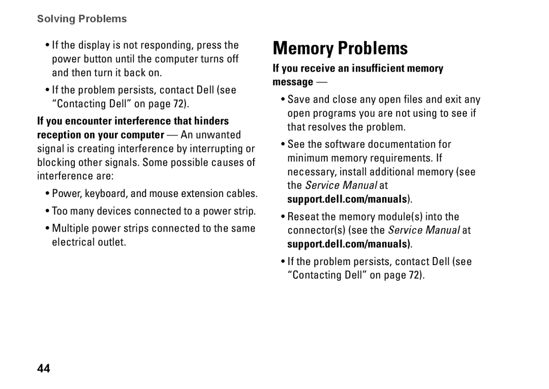 Dell N4030, N4020, P1M49, P07G003, P07G001 setup guide Memory Problems, If you receive an insufficient memory message 