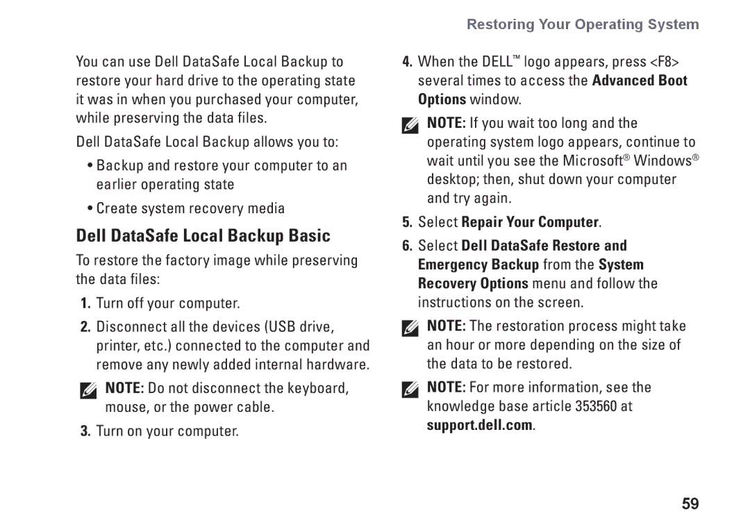 Dell N4030, N4020, P1M49, P07G003, P07G001 setup guide Dell DataSafe Local Backup Basic, Select Repair Your Computer 