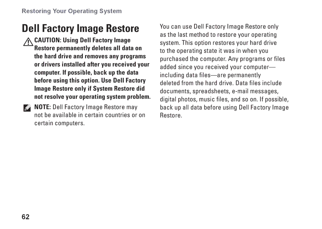 Dell P07G001, N4020, N4030, P1M49, P07G003 setup guide Dell Factory Image Restore 