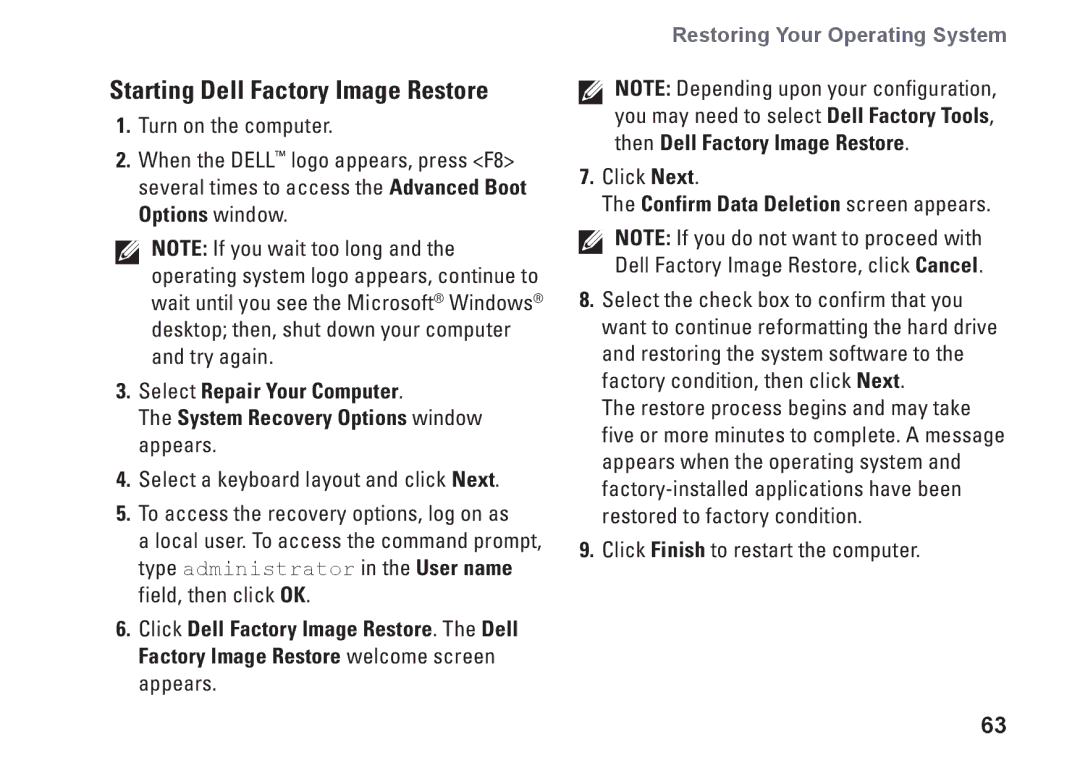 Dell N4020, N4030, P1M49, P07G003, P07G001 Starting Dell Factory Image Restore, Confirm Data Deletion screen appears 