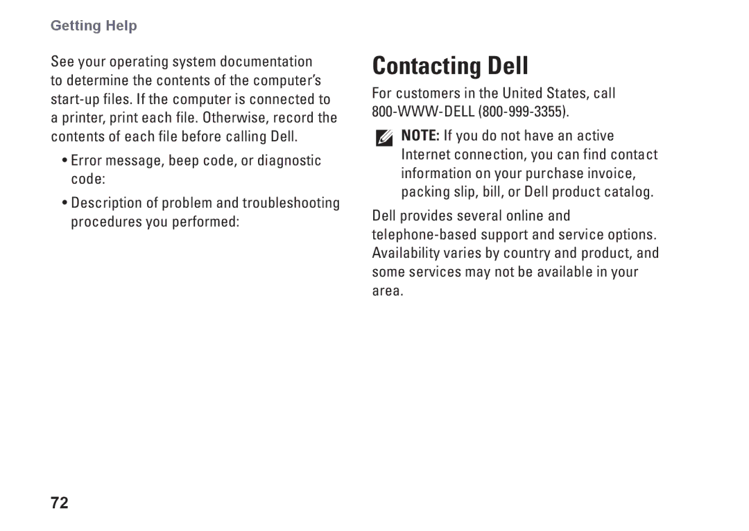 Dell P07G001, N4020, N4030, P1M49, P07G003 setup guide Contacting Dell 